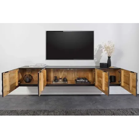 Meuble tv suspendu  SCORPION 200 cm – Bois massif de manguier noir, design suspendu sculpté 3D