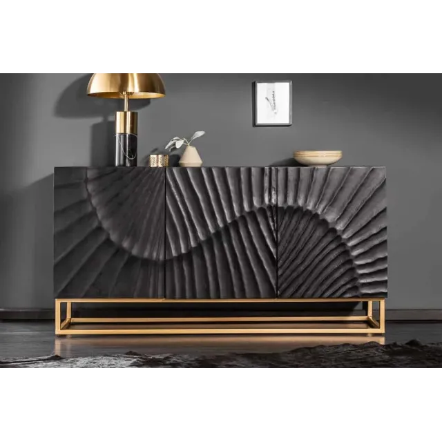 Buffet SCORPION 140 cm – Bois massif de manguier noir, sculpté à la main, piètement doré