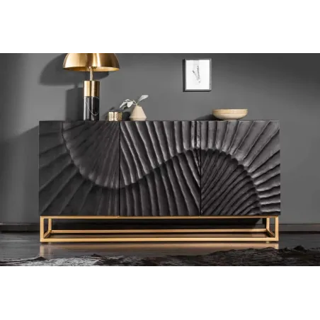 Buffet SCORPION 140 cm – Bois massif de manguier noir, sculpté à la main, piètement doré