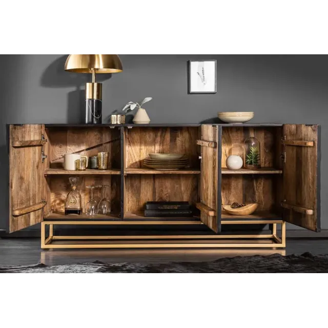 Buffet SCORPION 140 cm – Bois massif de manguier noir, sculpté à la main, piètement doré