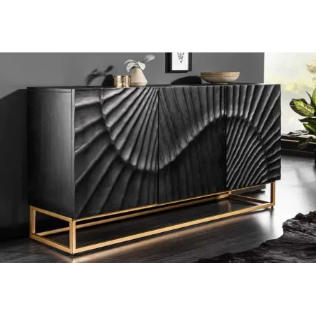 Buffet SCORPION 140 cm – Bois massif de manguier noir, sculpté à la main, piètement doré