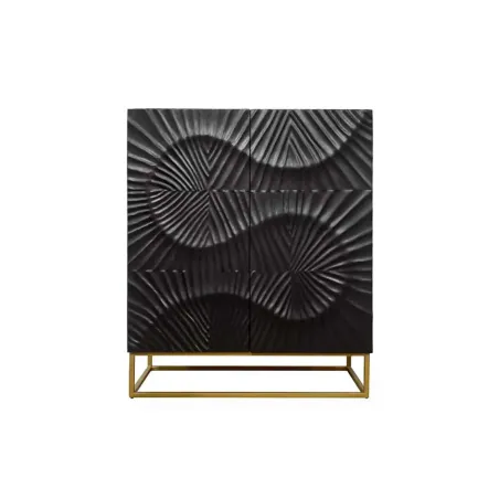 Buffet haut SCORPION 120 cm – Bois massif de manguier noir sculpté à la main, piètement doré