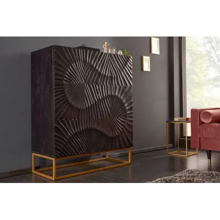 Buffet haut SCORPION 120 cm – Bois massif de manguier noir sculpté à la main, piètement doré