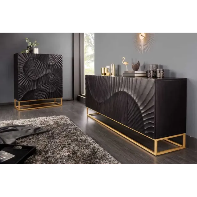 Buffet haut SCORPION 120 cm – Bois massif de manguier noir sculpté à la main, piètement doré