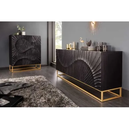 Buffet haut SCORPION 120 cm – Bois massif de manguier noir sculpté à la main, piètement doré