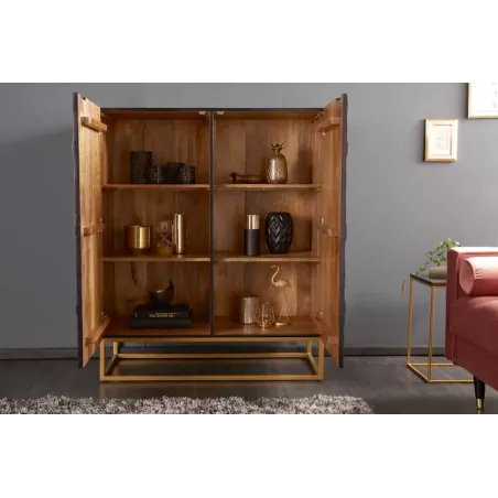 Buffet haut SCORPION 120 cm – Bois massif de manguier noir sculpté à la main, piètement doré