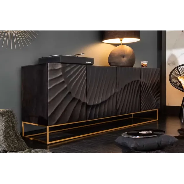 Buffet SCORPION 177 cm – Bois massif de manguier noir sculpté à la main, piètement doré