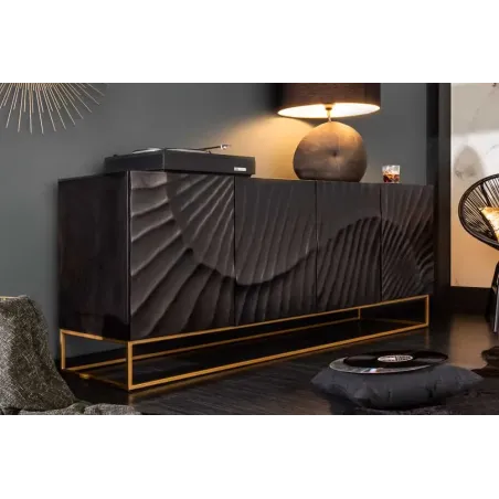 Buffet SCORPION 177 cm – Bois massif de manguier noir sculpté à la main, piètement doré