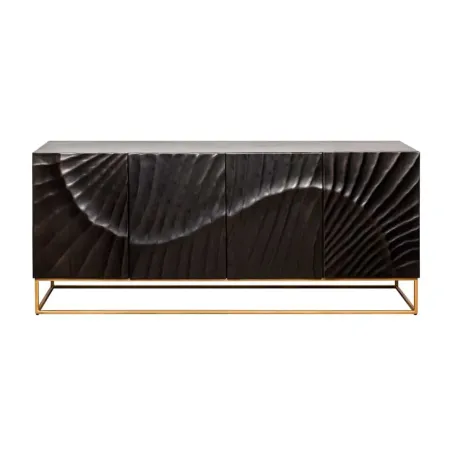 Buffet SCORPION 177 cm – Bois massif de manguier noir sculpté à la main, piètement doré