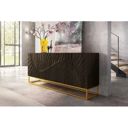 Buffet SCORPION 177 cm – Bois massif de manguier noir sculpté à la main, piètement doré