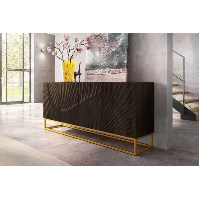 Buffet SCORPION 177 cm – Bois massif de manguier noir sculpté à la main, piètement doré