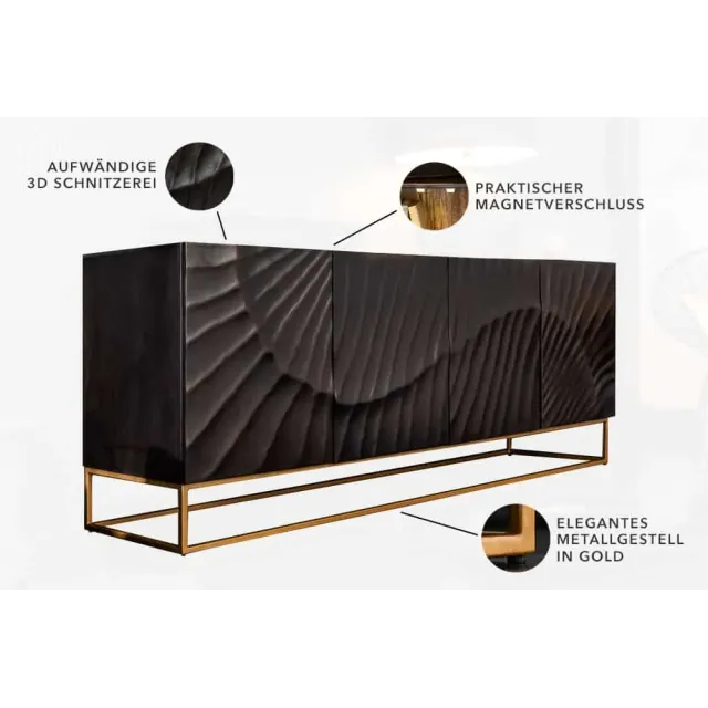 Buffet SCORPION 177 cm – Bois massif de manguier noir sculpté à la main, piètement doré