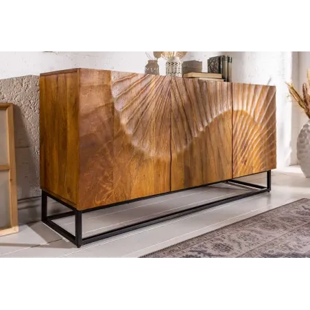 Buffet SCORPION 140 cm – Bois massif de manguier brun sculpté à la main, piètement noir