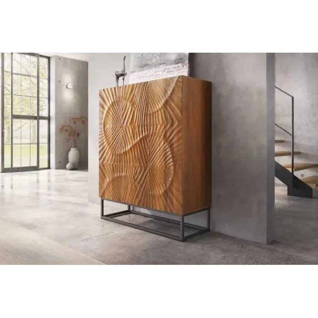 Buffet haut SCORPION 120 cm – Bois massif de manguier brun sculpté à la main, piètement noir