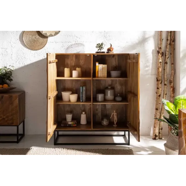 Buffet haut SCORPION 120 cm – Bois massif de manguier brun sculpté à la main, piètement noir