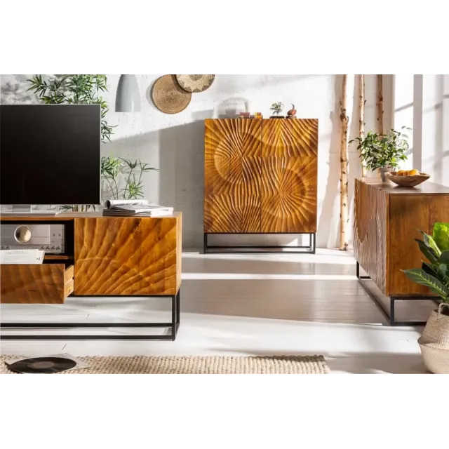 Buffet haut SCORPION 120 cm – Bois massif de manguier brun sculpté à la main, piètement noir