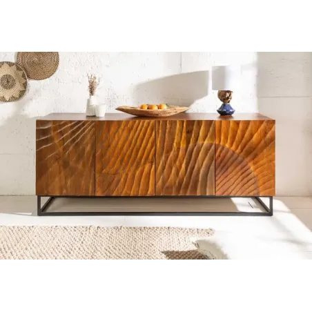 Buffet SCORPION 180 cm – Bois massif de manguier brun sculpté à la main, piètement noir