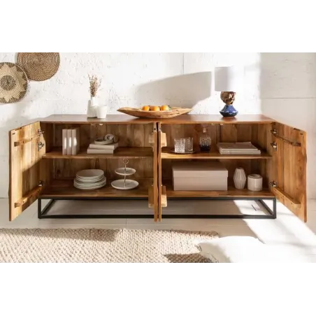 Buffet SCORPION 180 cm – Bois massif de manguier brun sculpté à la main, piètement noir