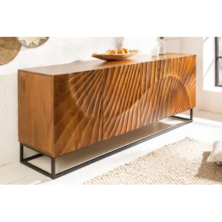Buffet SCORPION 180 cm – Bois massif de manguier brun sculpté à la main, piètement noir