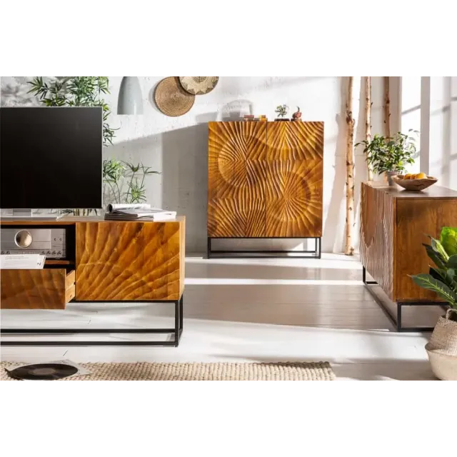 Buffet SCORPION 180 cm – Bois massif de manguier brun sculpté à la main, piètement noir