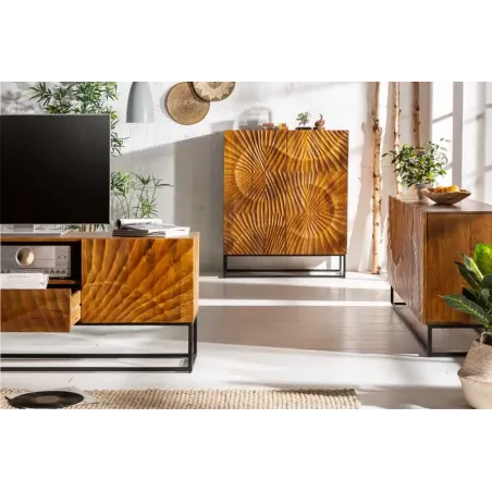 Buffet SCORPION 180 cm – Bois massif de manguier brun sculpté à la main, piètement noir