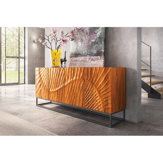 Buffet SCORPION 180 cm – Bois massif de manguier brun sculpté à la main, piètement noir