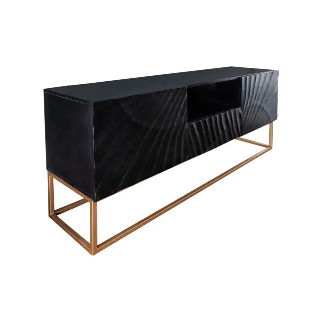 Meuble TV SCORPION 160 cm – Bois massif de manguier noir sculpté à la main, piètement doré