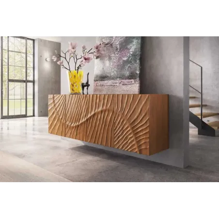 Buffet mural SCORPION 180 cm – Bois massif de manguier brun, façade 3D sculptée à la main