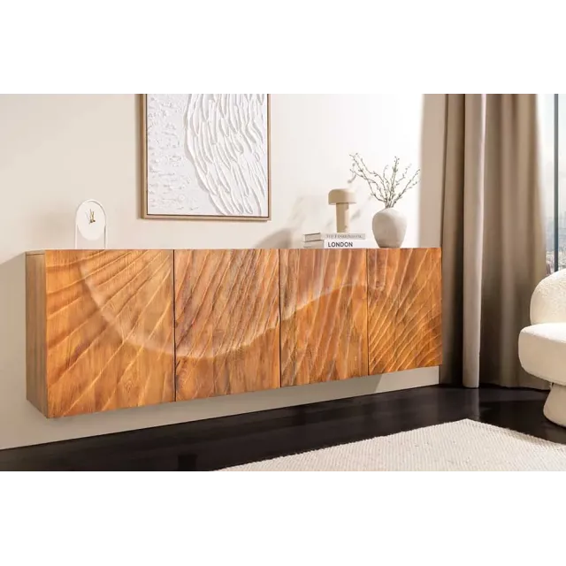 Buffet mural SCORPION 180 cm – Bois massif de manguier brun, façade 3D sculptée à la main