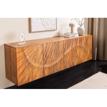 Buffet mural SCORPION 180 cm – Bois massif de manguier brun, façade 3D sculptée à la main