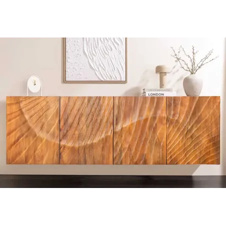 Buffet mural SCORPION 180 cm – Bois massif de manguier brun, façade 3D sculptée à la main