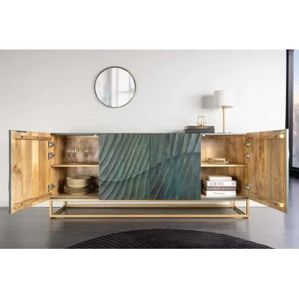 Buffet SCORPION 180 cm – Bois massif de manguier turquoise, détails dorés et façade 3D sculptée 2