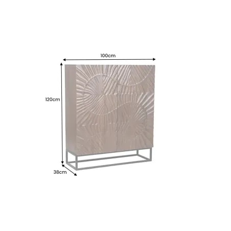 Buffet haut SCORPION 120 cm – Bois massif d’acacia brun foncé, piètement métal noir, façades sculptées 3D