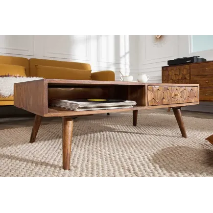 Table basse en bois massif Sheesham MYSTIC salon – 100 cm, finition stone, avec rangements 2