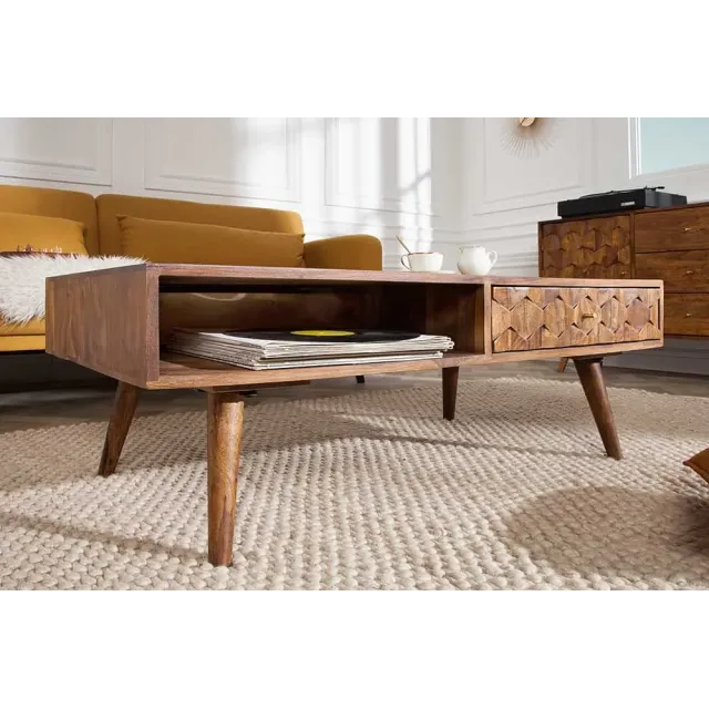 Table basse en bois massif Sheesham MYSTIC salon – 100 cm, finition stone, avec rangements