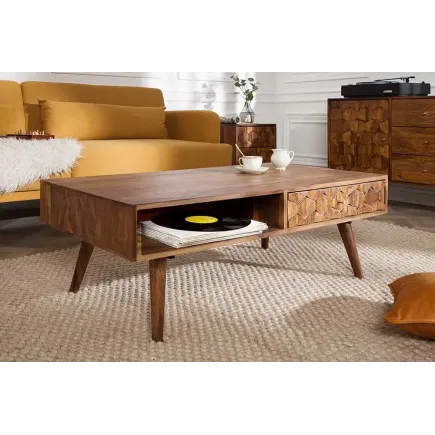 Table basse en bois massif Sheesham MYSTIC salon – 100 cm, finition stone, avec rangements