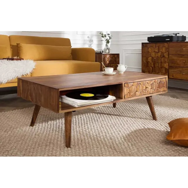 Table basse en bois massif Sheesham MYSTIC salon – 100 cm, finition stone, avec rangements