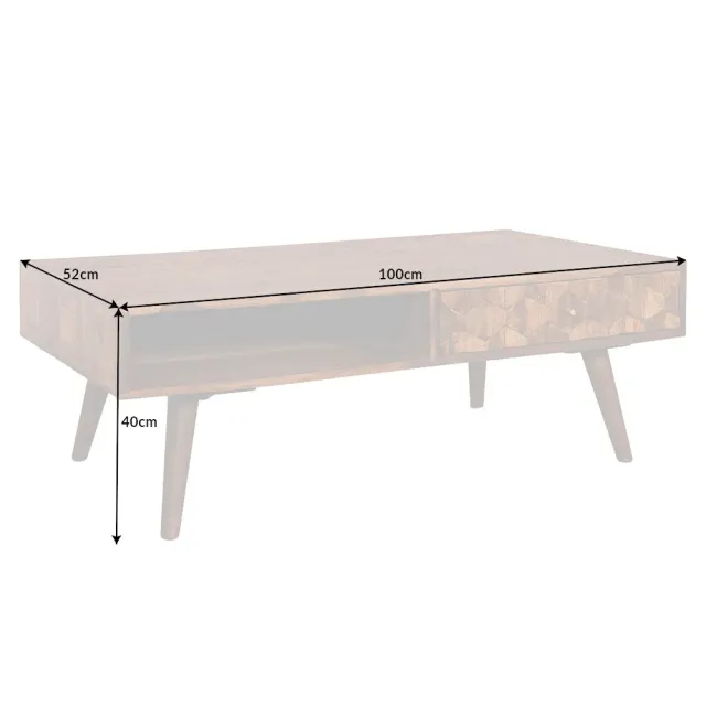 Table basse en bois massif Sheesham MYSTIC salon – 100 cm, finition stone, avec rangements