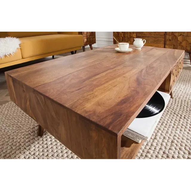 Table basse en bois massif Sheesham MYSTIC salon – 100 cm, finition stone, avec rangements