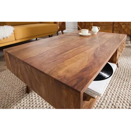 Table basse en bois massif Sheesham MYSTIC salon – 100 cm, finition stone, avec rangements