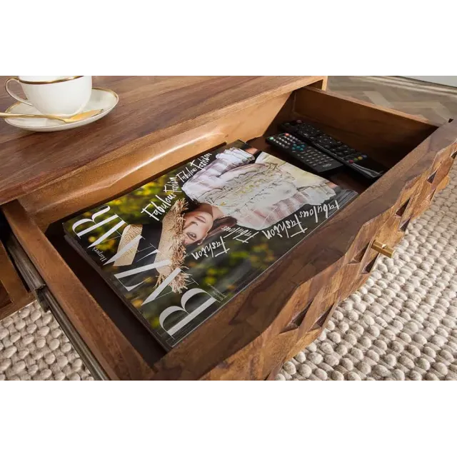 Table basse en bois massif Sheesham MYSTIC salon – 100 cm, finition stone, avec rangements