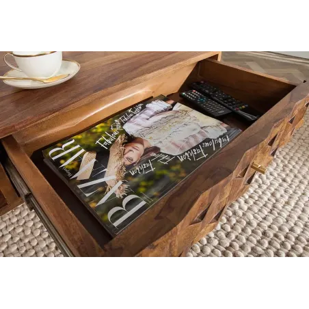 Table basse en bois massif Sheesham MYSTIC salon – 100 cm, finition stone, avec rangements