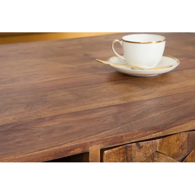 Table basse en bois massif Sheesham MYSTIC salon – 100 cm, finition stone, avec rangements