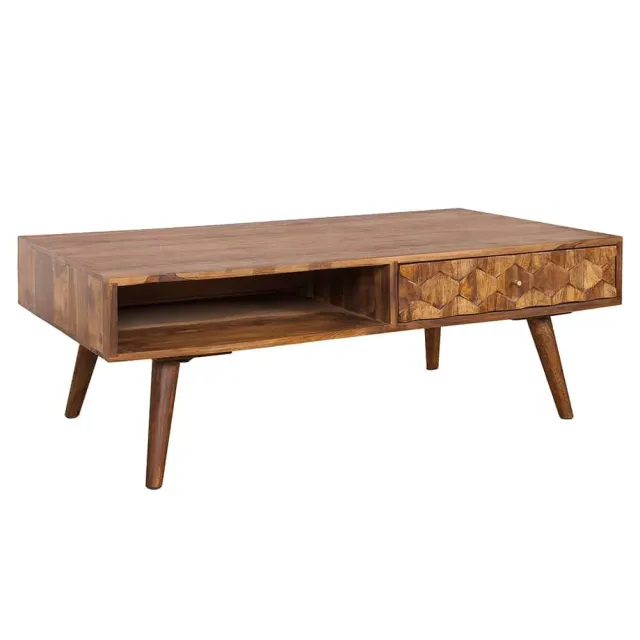 Table basse en bois massif Sheesham MYSTIC salon – 100 cm, finition stone, avec rangements