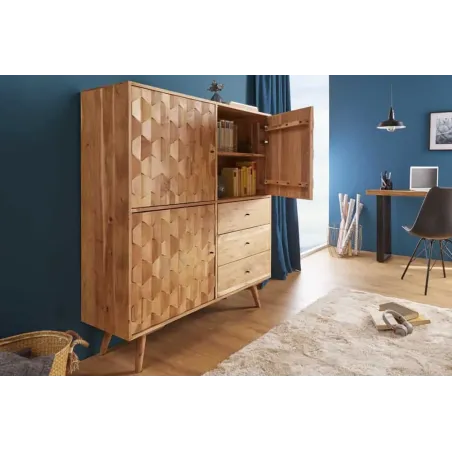 Highboard en bois massif d’acacia MYSTIC salon – 140 cm, finition naturelle avec 3D surface artisanale