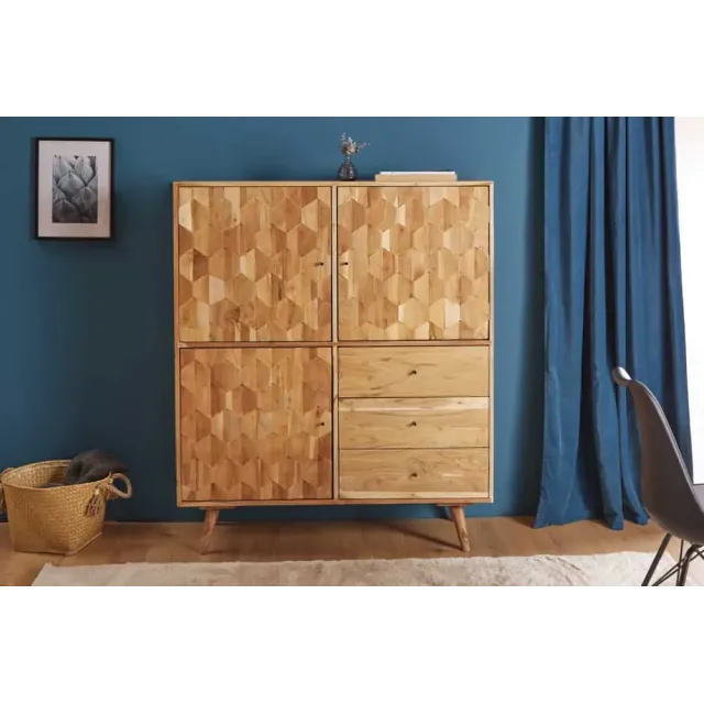 Highboard en bois massif d’acacia MYSTIC salon – 140 cm, finition naturelle avec 3D surface artisanale Highboard en bois massif d’acacia MYSTIC salon – 140 cm, finition naturelle avec 3D surface artisanale