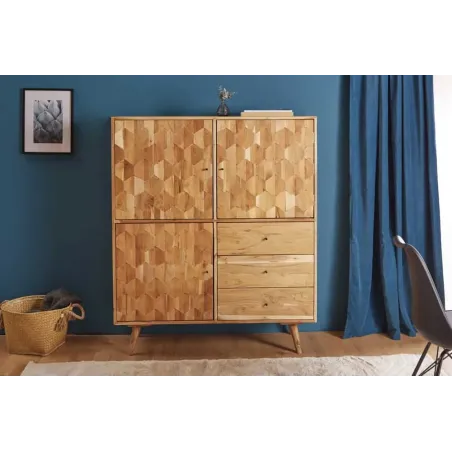 Highboard en bois massif d’acacia MYSTIC salon – 140 cm, finition naturelle avec 3D surface artisanale