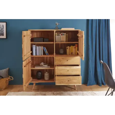 Highboard en bois massif d’acacia MYSTIC salon – 140 cm, finition naturelle avec 3D surface artisanale