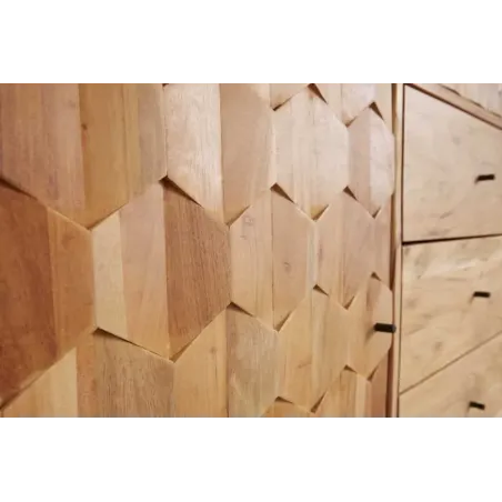 Highboard en bois massif d’acacia MYSTIC salon – 140 cm, finition naturelle avec 3D surface artisanale
