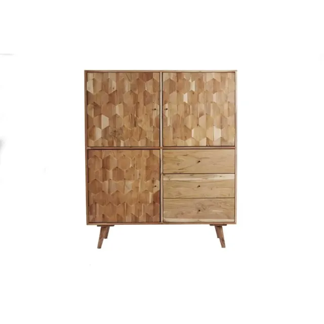 Highboard en bois massif d’acacia MYSTIC salon – 140 cm, finition naturelle avec 3D surface artisanale Highboard en bois massif d’acacia MYSTIC salon – 140 cm, finition naturelle avec 3D surface artisanale